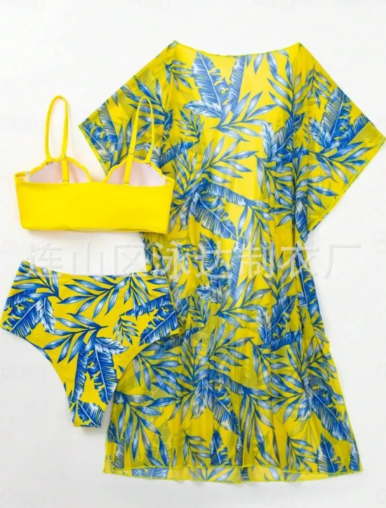 New Women's Swimsuits Bikini Three Piece Briefs Swimsuit Backless Tummy Control High Waist Slim Vacation Beach Wear Leaves V Neck Long Sleeve Bathing Suits Women Bikinis