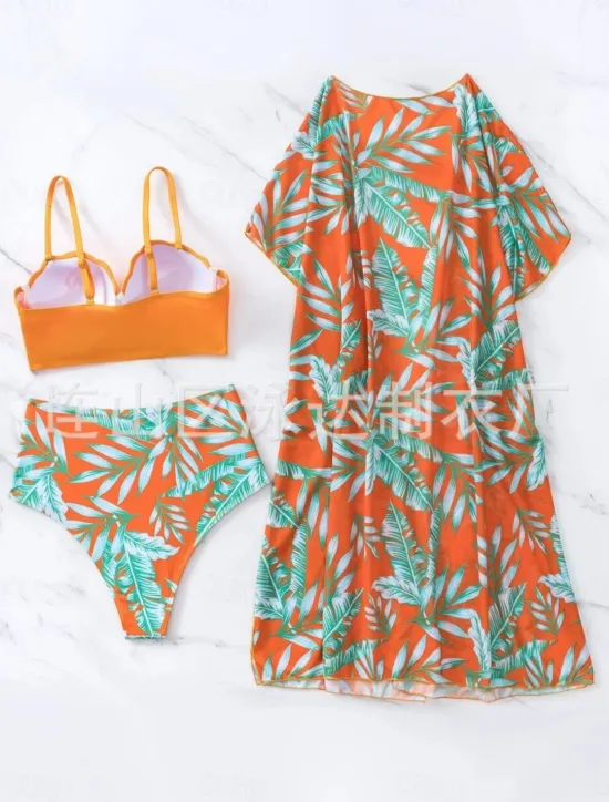 New Women's Swimsuits Bikini Three Piece Briefs Swimsuit Backless Tummy Control High Waist Slim Vacation Beach Wear Leaves V Neck Long Sleeve Bathing Suits Women Bikinis