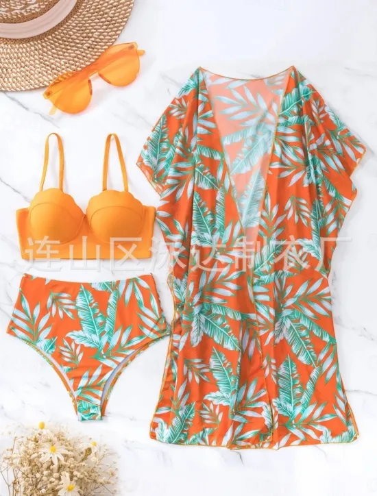 New Women's Swimsuits Bikini Three Piece Briefs Swimsuit Backless Tummy Control High Waist Slim Vacation Beach Wear Leaves V Neck Long Sleeve Bathing Suits Women Bikinis