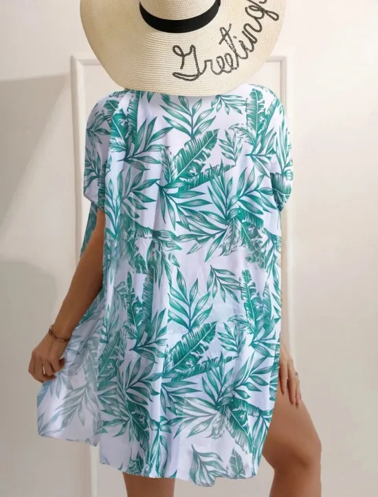 New Women's Swimsuits Bikini Three Piece Briefs Swimsuit Backless Tummy Control High Waist Slim Vacation Beach Wear Leaves V Neck Long Sleeve Bathing Suits Women Bikinis