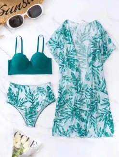 New Women's Swimsuits Bikini Three Piece Briefs Swimsuit Backless Tummy Control High Waist Slim Vacation Beach Wear Leaves V Neck Long Sleeve Bathing Suits Women Bikinis