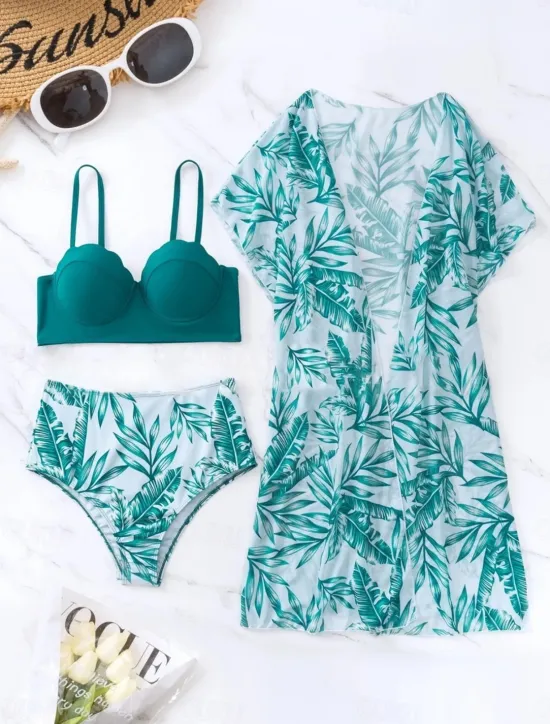 New Women's Swimsuits Bikini Three Piece Briefs Swimsuit Backless Tummy Control High Waist Slim Vacation Beach Wear Leaves V Neck Long Sleeve Bathing Suits Women Bikinis