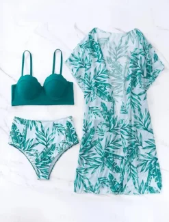 New Women's Swimsuits Bikini Three Piece Briefs Swimsuit Backless Tummy Control High Waist Slim Vacation Beach Wear Leaves V Neck Long Sleeve Bathing Suits Women Bikinis