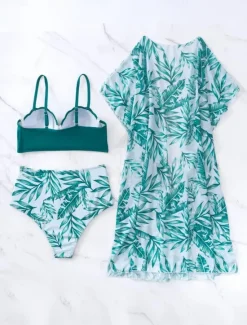 New Women's Swimsuits Bikini Three Piece Briefs Swimsuit Backless Tummy Control High Waist Slim Vacation Beach Wear Leaves V Neck Long Sleeve Bathing Suits Women Bikinis