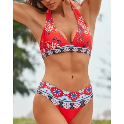 Online Women's Swimsuits Bikinis 2 Piece Sets Swimsuit Backless Halter Sexy Boho Floral Print Summer Beach Wear Bathing Suits Women Bikinis