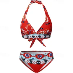 Online Women's Swimsuits Bikinis 2 Piece Sets Swimsuit Backless Halter Sexy Boho Floral Print Summer Beach Wear Bathing Suits Women Bikinis