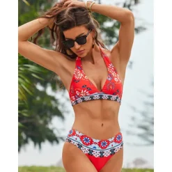 Online Women's Swimsuits Bikinis 2 Piece Sets Swimsuit Backless Halter Sexy Boho Floral Print Summer Beach Wear Bathing Suits Women Bikinis