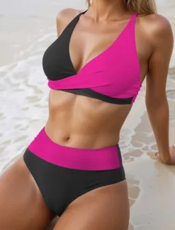 Hot Women's Swimsuits Contrast Color Bikini Swimsuit Solid Color Elegant Fashion Bathing Suits Women Bikinis