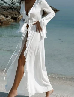 New Women's Swimsuits Cover Up Swim Dress Swimsuit Ruffle Vacation Beach Wear Solid Color V Neck Long Sleeve Bathing Suits Women Cover Up