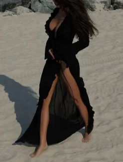 New Women's Swimsuits Cover Up Swim Dress Swimsuit Ruffle Vacation Beach Wear Solid Color V Neck Long Sleeve Bathing Suits Women Cover Up
