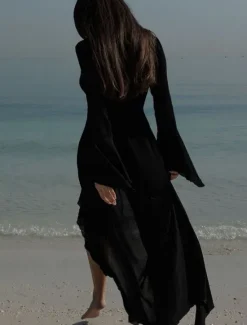 New Women's Swimsuits Cover Up Swim Dress Swimsuit Ruffle Vacation Beach Wear Solid Color V Neck Long Sleeve Bathing Suits Women Cover Up