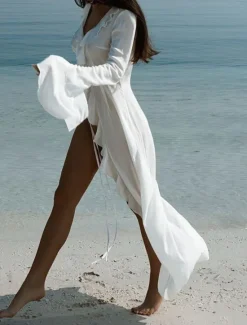 New Women's Swimsuits Cover Up Swim Dress Swimsuit Ruffle Vacation Beach Wear Solid Color V Neck Long Sleeve Bathing Suits Women Cover Up