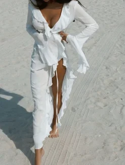 New Women's Swimsuits Cover Up Swim Dress Swimsuit Ruffle Vacation Beach Wear Solid Color V Neck Long Sleeve Bathing Suits Women Cover Up