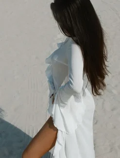 New Women's Swimsuits Cover Up Swim Dress Swimsuit Ruffle Vacation Beach Wear Solid Color V Neck Long Sleeve Bathing Suits Women Cover Up