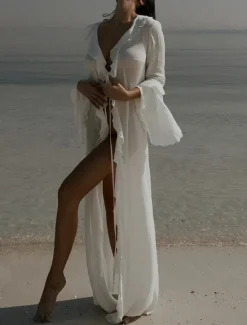 New Women's Swimsuits Cover Up Swim Dress Swimsuit Ruffle Vacation Beach Wear Solid Color V Neck Long Sleeve Bathing Suits Women Cover Up