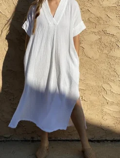 Online Women's Swimsuits Cover Up Swim Dress Swimsuit Pocket Vacation Beach Wear Solid Color V Neck Short Sleeves Bathing Suits Women Cover Up