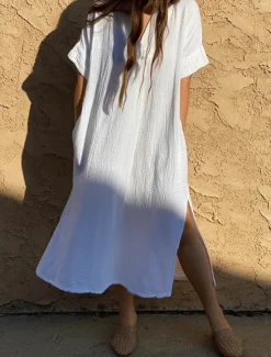 Online Women's Swimsuits Cover Up Swim Dress Swimsuit Pocket Vacation Beach Wear Solid Color V Neck Short Sleeves Bathing Suits Women Cover Up