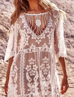 Online Women's Swimsuits Cover Up Swim Dress Swimsuit Lace Patchwork Vacation Beach Wear Solid Color V Neck Long Sleeve Bathing Suits Women Cover Up