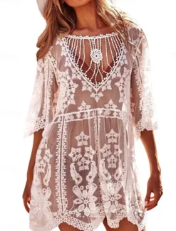 Online Women's Swimsuits Cover Up Swim Dress Swimsuit Lace Patchwork Vacation Beach Wear Solid Color V Neck Long Sleeve Bathing Suits Women Cover Up
