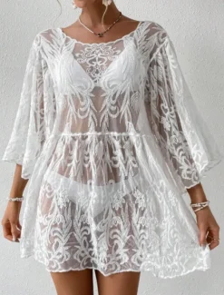 New Women's Swimsuits Cover Up Swim Dress Swimsuit Lace Patchwork Vacation Beach Wear Solid Color V Neck Long Sleeve Bathing Suits Women Cover Up