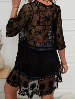 New Women's Swimsuits Cover Up Swim Dress Swimsuit Lace Patchwork Vacation Beach Wear Solid Color V Neck Long Sleeve Bathing Suits Women Cover Up