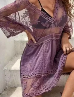 New Women's Swimsuits Cover Up Swim Dress Swimsuit Lace Patchwork Vacation Beach Wear Solid Color V Neck Long Sleeve Bathing Suits Women Cover Up