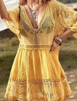 New Women's Swimsuits Cover Up Swim Dress Swimsuit Lace Patchwork Vacation Beach Wear Solid Color V Neck Long Sleeve Bathing Suits Women Cover Up