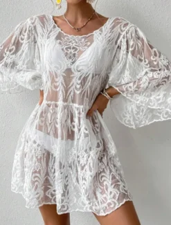 New Women's Swimsuits Cover Up Swim Dress Swimsuit Lace Patchwork Vacation Beach Wear Solid Color V Neck Long Sleeve Bathing Suits Women Cover Up