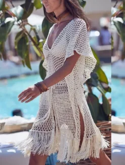 Best Women's Swimsuits Cover Up Swim Dress Swimsuit Fringe Hem Vacation Beach Wear Solid Color V Neck Short Sleeves Bathing Suits Women Cover Up