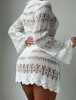 New Women's Swimsuits Cover Up Swim Dress Swimsuit Cut Out Vacation Beach Wear Solid Color Round Neck Long Sleeve Bathing Suits Women Cover Up