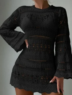 New Women's Swimsuits Cover Up Swim Dress Swimsuit Cut Out Vacation Beach Wear Solid Color Round Neck Long Sleeve Bathing Suits Women Cover Up
