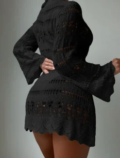 New Women's Swimsuits Cover Up Swim Dress Swimsuit Cut Out Vacation Beach Wear Solid Color Round Neck Long Sleeve Bathing Suits Women Cover Up