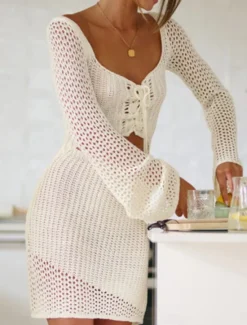 Hot Women's Swimsuits Cover Up Skirt Swimsuit Cut Out Vacation Beach Wear Solid Color V Neck Long Sleeve Bathing Suits Women Cover Up
