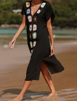 Women's Swimsuits Cover Up Swim Dress Swimsuit Patchwork Vacation Beach Wear Solid Color V Neck Short Sleeves Bathing Suits Women Cover Up