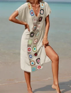 Women's Swimsuits Cover Up Swim Dress Swimsuit Patchwork Vacation Beach Wear Solid Color V Neck Short Sleeves Bathing Suits Women Cover Up