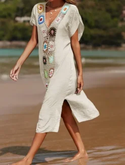 Women's Swimsuits Cover Up Swim Dress Swimsuit Patchwork Vacation Beach Wear Solid Color V Neck Short Sleeves Bathing Suits Women Cover Up