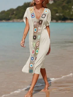 Women's Swimsuits Cover Up Swim Dress Swimsuit Patchwork Vacation Beach Wear Solid Color V Neck Short Sleeves Bathing Suits Women Cover Up