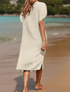 Women's Swimsuits Cover Up Swim Dress Swimsuit Patchwork Vacation Beach Wear Solid Color V Neck Short Sleeves Bathing Suits Women Cover Up