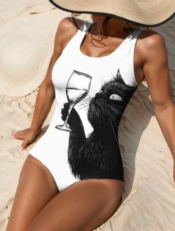Clearance Women's Swimsuits One Piece Monokini Swimsuit Backless Tummy Control High Waist Slim Vacation Beach Wear Cat U Neck Sleeveless Bathing Suits Women One-Pieces