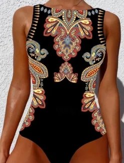 Discount Women's Swimsuits One Piece Monokini Swimsuit Backless Tummy Control High Waist Slim Vacation Beach Wear Geometric Round Neck Sleeveless Bathing Suits Women Spring Swimwear