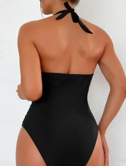 Discount Women's Swimsuits One Piece Monokini Swimsuit Backless Tummy Control High Waist Slim Vacation Beach Wear Solid Color Leopard Halter Neck Sleeveless Bathing Suits Women One-Pieces|Leopard Swimwear