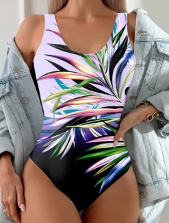 Hot Women's Swimsuits One Piece Monokini Swimsuit Backless Tummy Control High Waist Slim Vacation Beach Wear Leaves U Neck Sleeveless Bathing Suits Women One-Pieces
