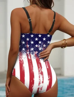 Clearance Women's Swimsuits One Piece Patriotic Monokini Swimsuits Backless Tummy Control High Waist Slim Vacation Beach Wear Flag U Neck Sleeveless Bathing Suits Women Independence Day Swimwear