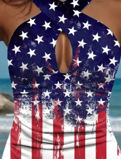 Clearance Women's Swimsuits One Piece Patriotic Monokini Swimsuits Backless Tummy Control High Waist Slim Vacation Beach Wear Flag U Neck Sleeveless Bathing Suits Women Independence Day Swimwear