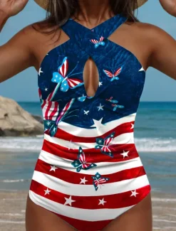 Clearance Women's Swimsuits One Piece Patriotic Monokini Swimsuits Backless Tummy Control High Waist Slim Vacation Beach Wear Flag U Neck Sleeveless Bathing Suits Women Independence Day Swimwear