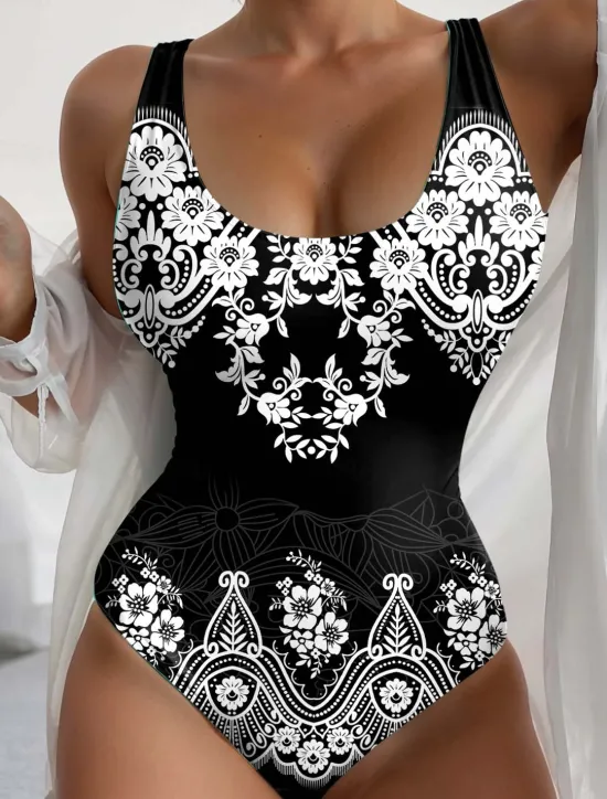 Discount Women's Swimsuits One Piece Monokini Swimsuit Backless Tummy Control High Waist Slim Vacation Beach Wear Geometric U Neck Sleeveless Bathing Suits Women One-Pieces
