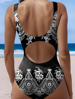 Discount Women's Swimsuits One Piece Monokini Swimsuit Backless Tummy Control High Waist Slim Vacation Beach Wear Geometric U Neck Sleeveless Bathing Suits Women One-Pieces