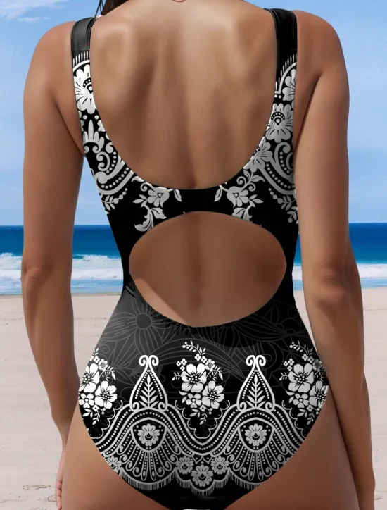 Discount Women's Swimsuits One Piece Monokini Swimsuit Backless Tummy Control High Waist Slim Vacation Beach Wear Geometric U Neck Sleeveless Bathing Suits Women One-Pieces