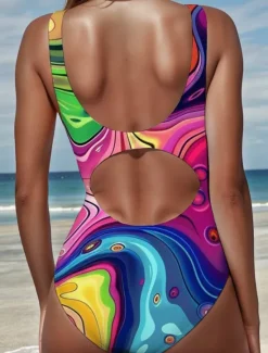 Online Women's Swimsuits One Piece Monokini High Cut Swimsuit Backless Tummy Control High Waist Slim Vacation Vintage Graphic Geometric U Neck Sleeveless Bathing Suits Women One-Pieces