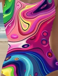 Online Women's Swimsuits One Piece Monokini High Cut Swimsuit Backless Tummy Control High Waist Slim Vacation Vintage Graphic Geometric U Neck Sleeveless Bathing Suits Women One-Pieces